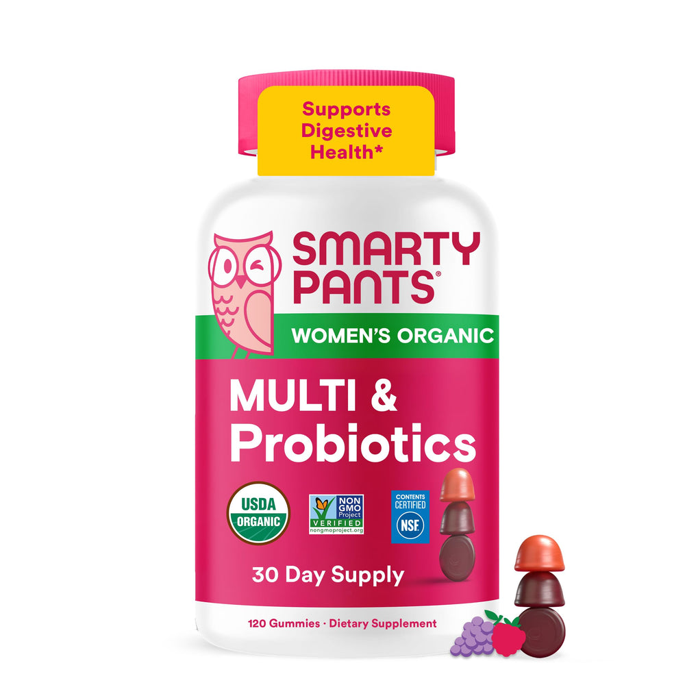 SmartyPants front packaging showing organic women's gummies and benefits