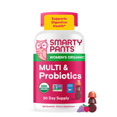 SmartyPants front packaging showing organic women's gummies and benefits