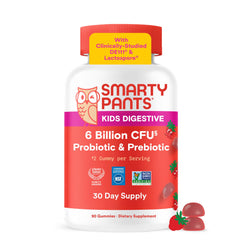 SmartyPants front packaging shows strawberry gummies and child-friendly labeling benefit: clear product identity