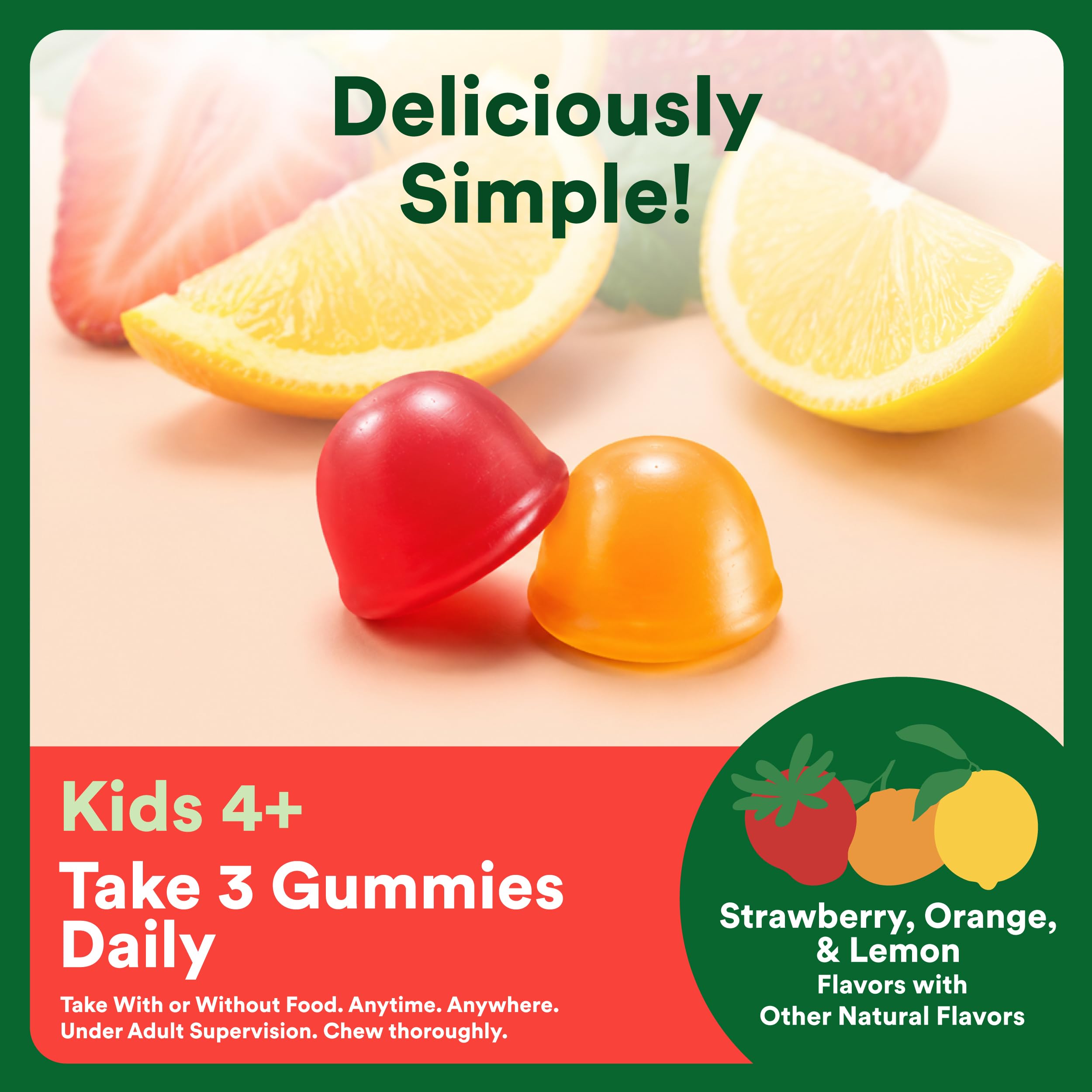 SmartyPants strawberry orange lemon gummies display showing natural flavors