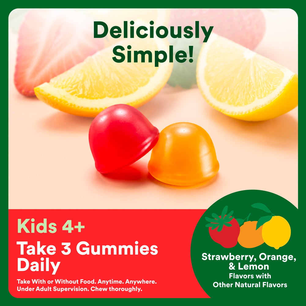 SmartyPants strawberry orange lemon gummies display showing natural flavors
