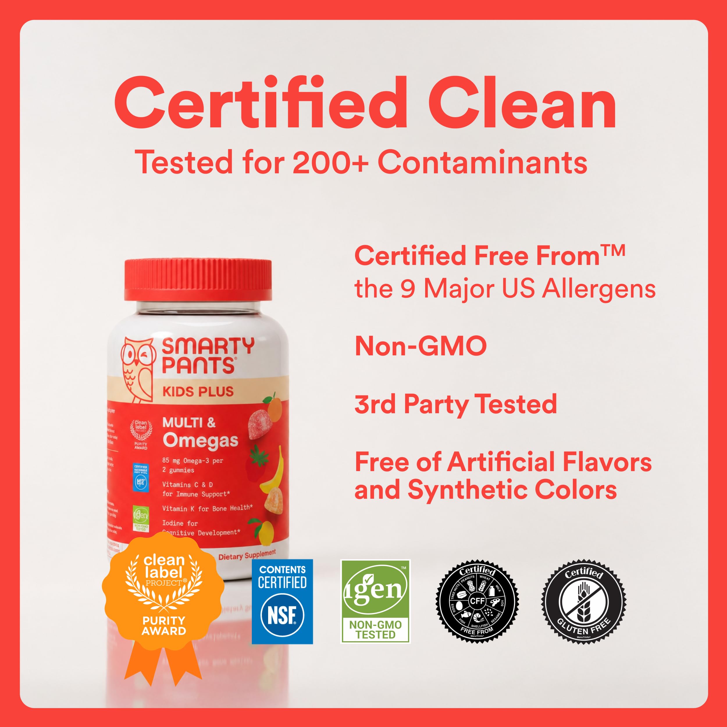 SmartyPants Clean Label award badge near bottle showing third-party testing credibility benefit