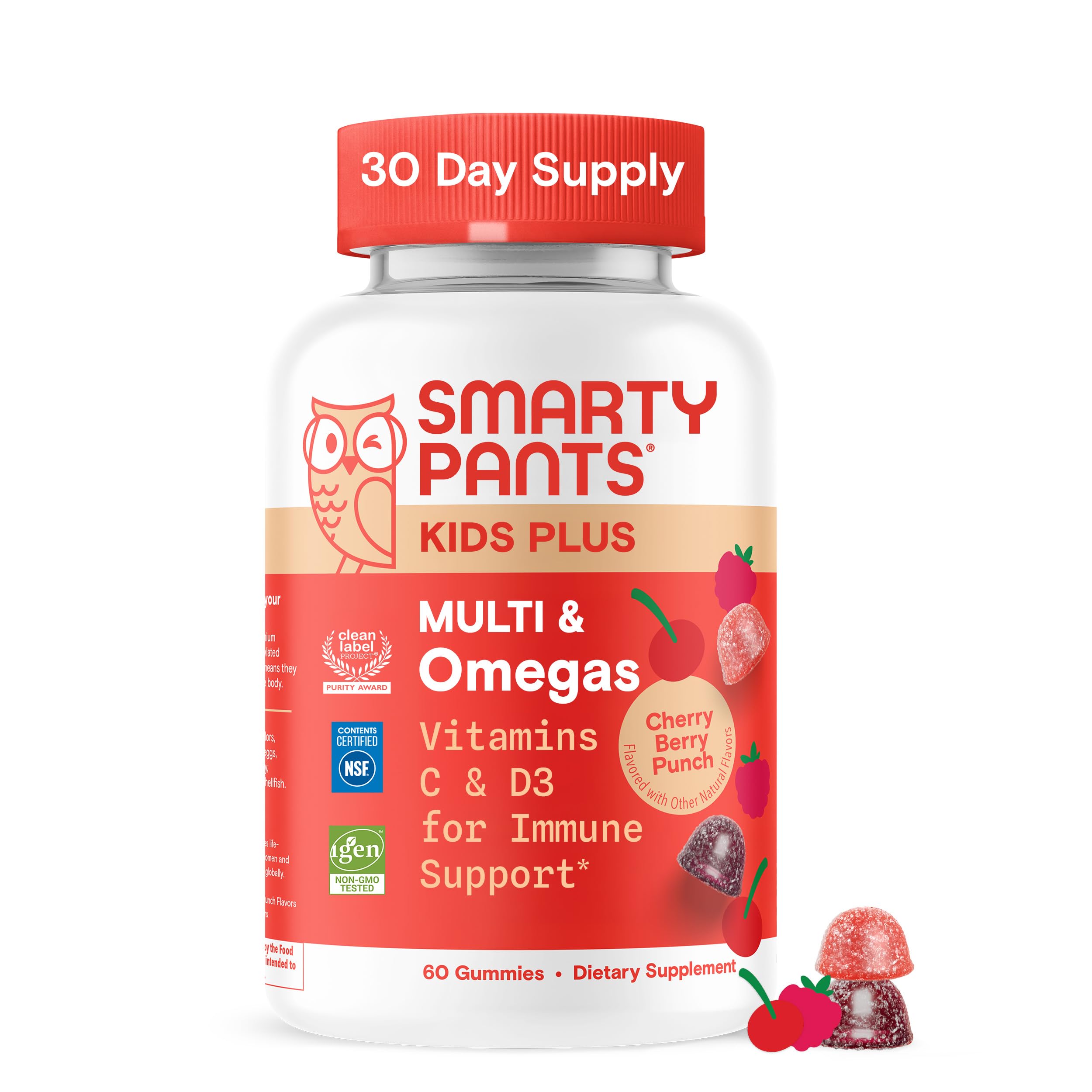 SmartyPants front bottle view showing cherry berry gummies and clear labeling benefit convenience