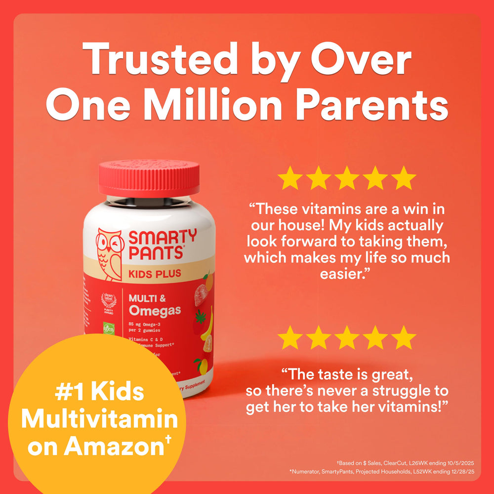 SmartyPants product label focused on nutrient list and Omega‑3 inclusion benefit