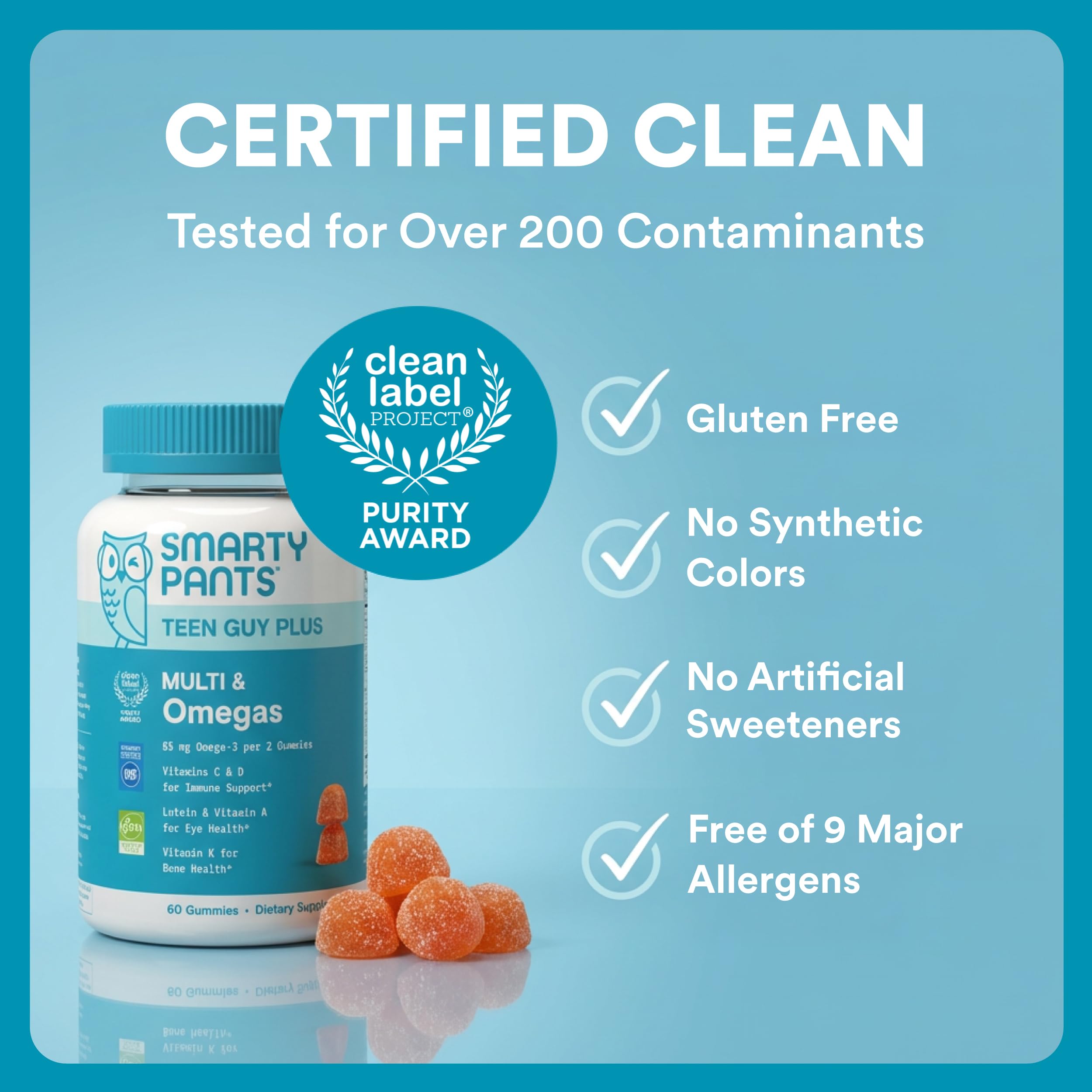 SmartyPants nutrient panel and Clean Label award conveying purity testing