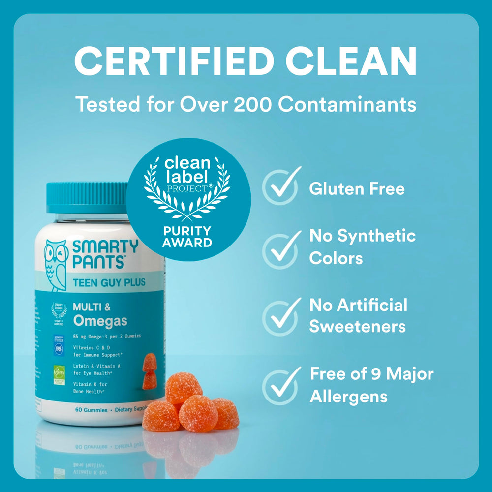 SmartyPants nutrient panel and Clean Label award conveying purity testing