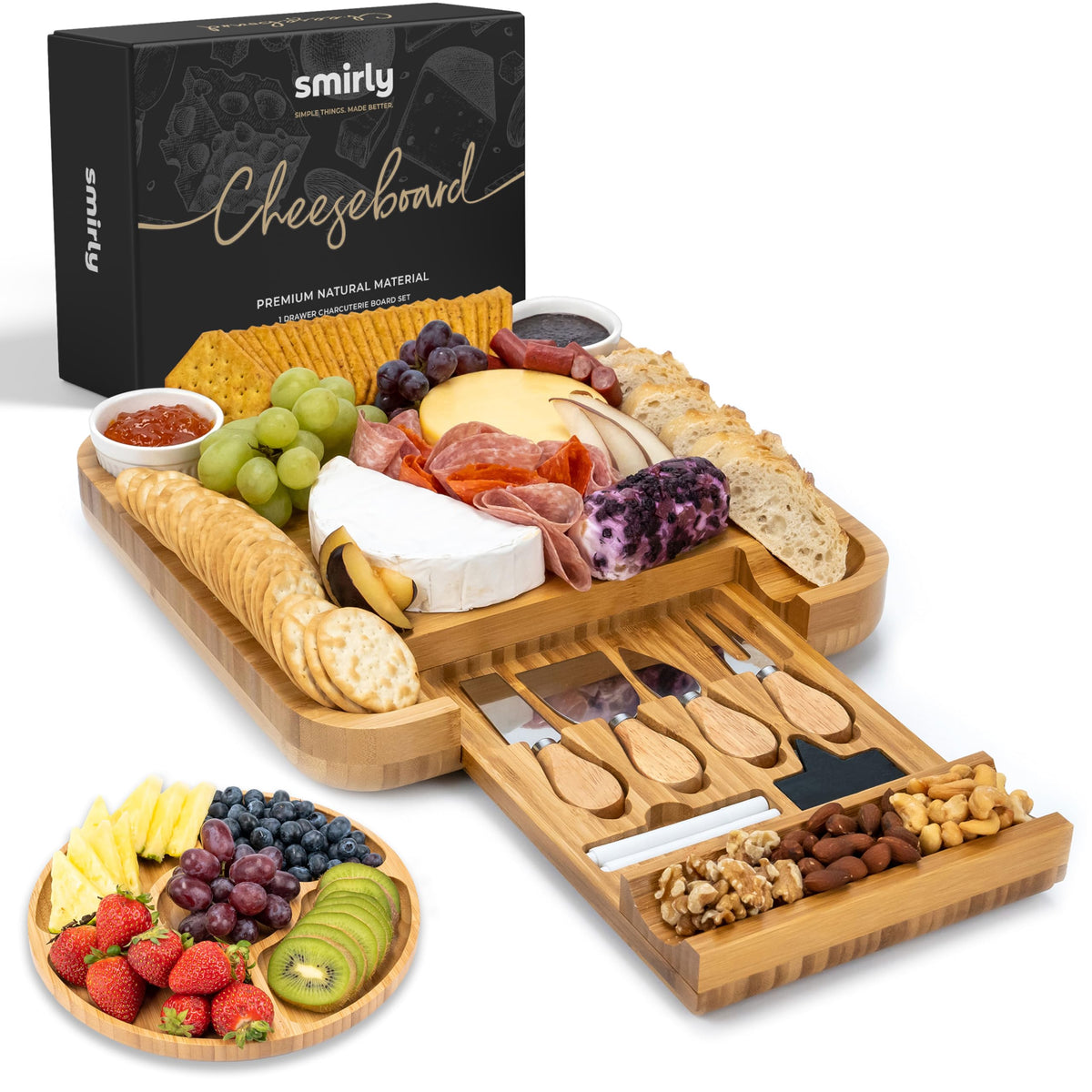 SMIRLY bamboo charcuterie board front view for elegant serving