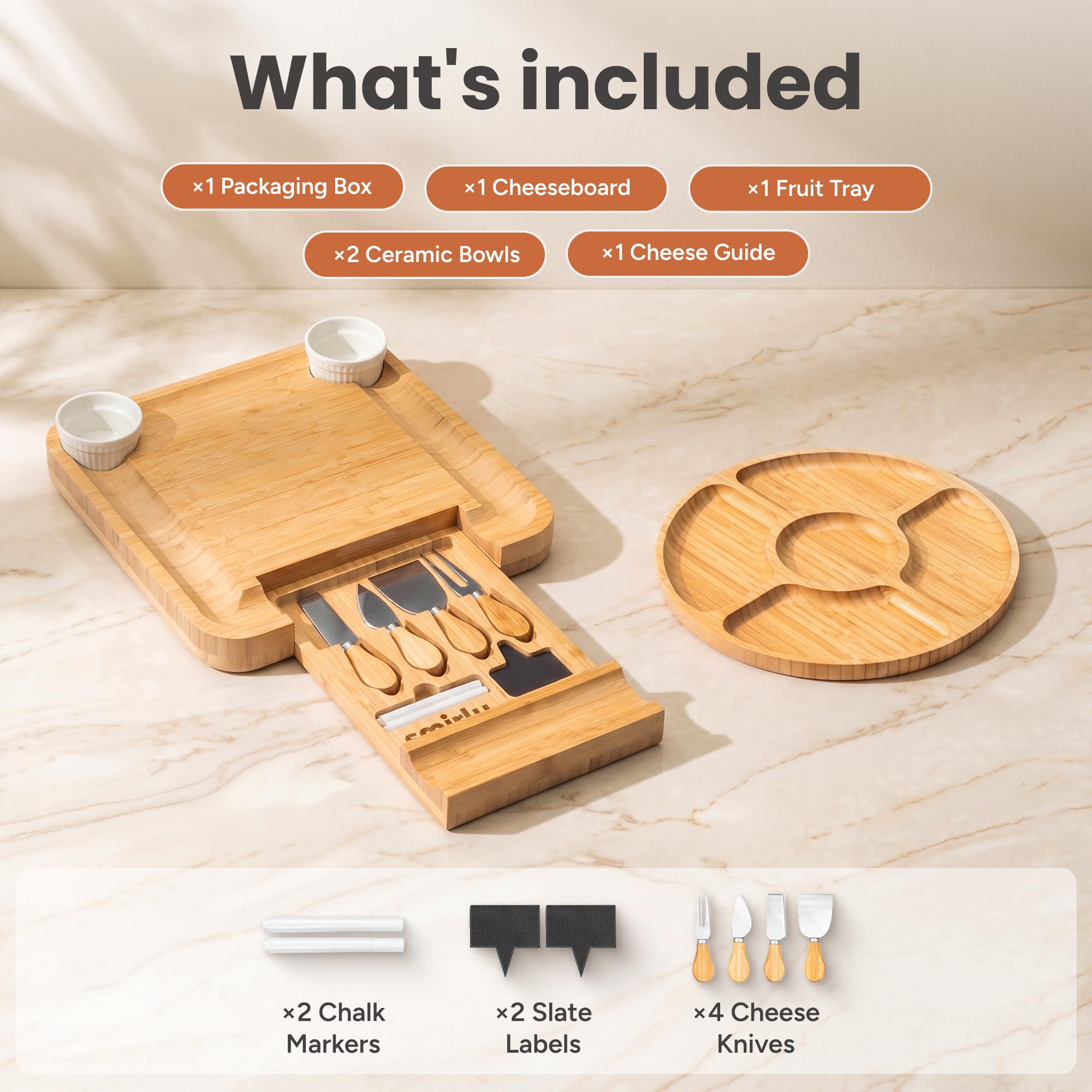 SMIRLY full charcuterie set layout showing board, tray, tools and benefit