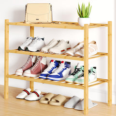Smiry bamboo shoe rack front view showing neat shoe storage and warm finish