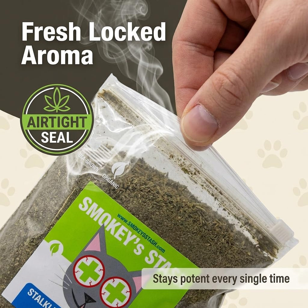 Smokey's Stash label close-up highlighting North America grown and no-stem purity