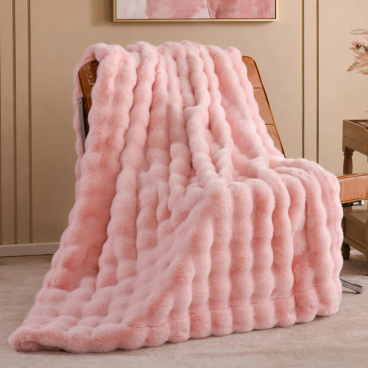 Smoofy front view blush pink throw showing elegant fold and color, adds cozy style