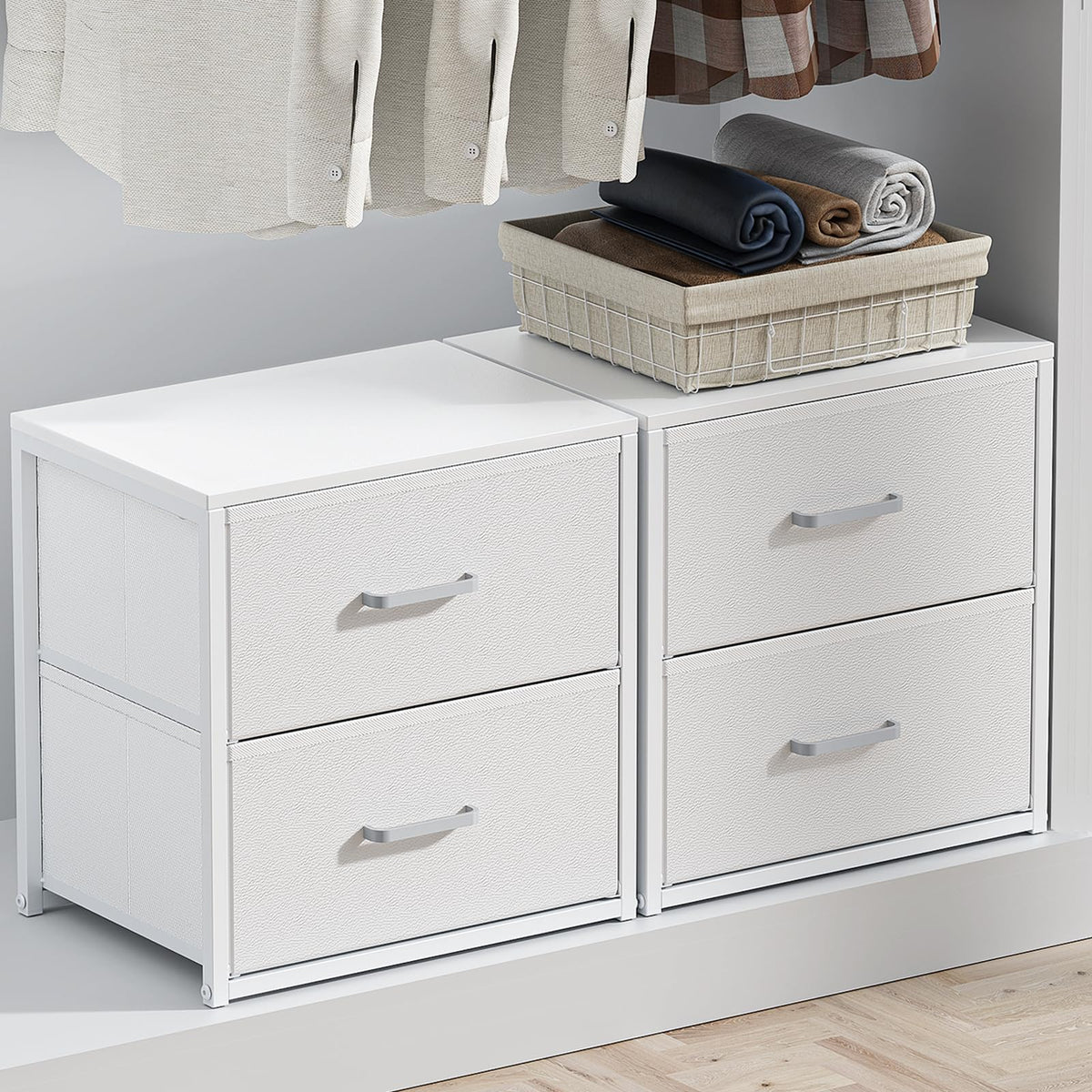 Smoproper front view of stacked white drawers showing neat organization benefit