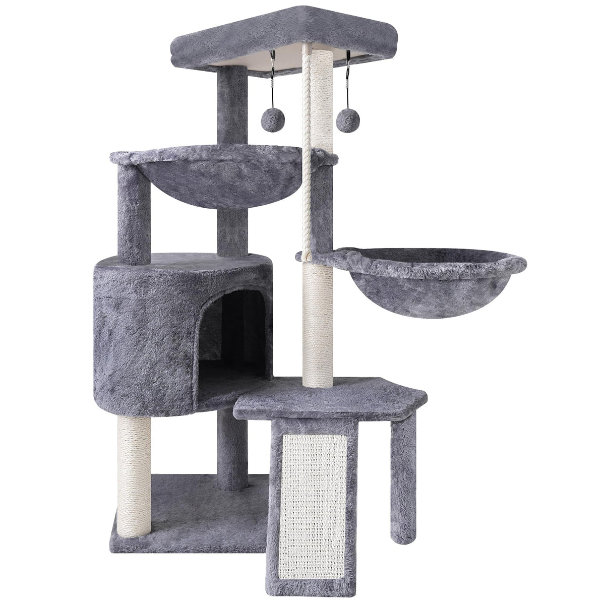 Smouatou front view of entire grey cat tree showing multiple levels and hammocks benefit: compact multi-cat solution