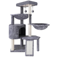Smouatou front view of entire grey cat tree showing multiple levels and hammocks benefit: compact multi-cat solution