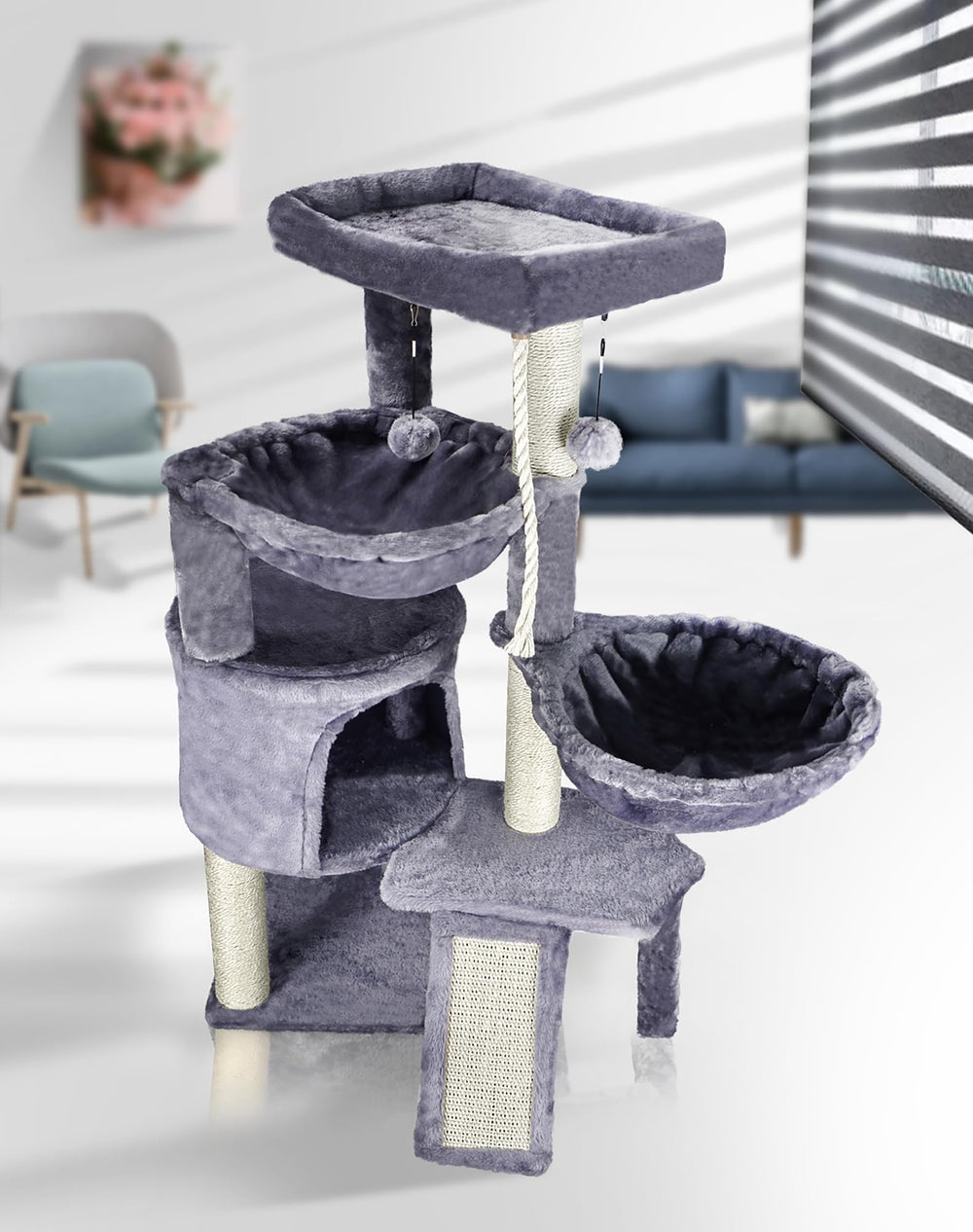 Smouatou sisal-wrapped scratching post close view protects furniture by encouraging natural scratching