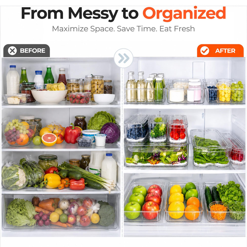 SMRCAD lifestyle image on kitchen shelf showing organized fridge benefit