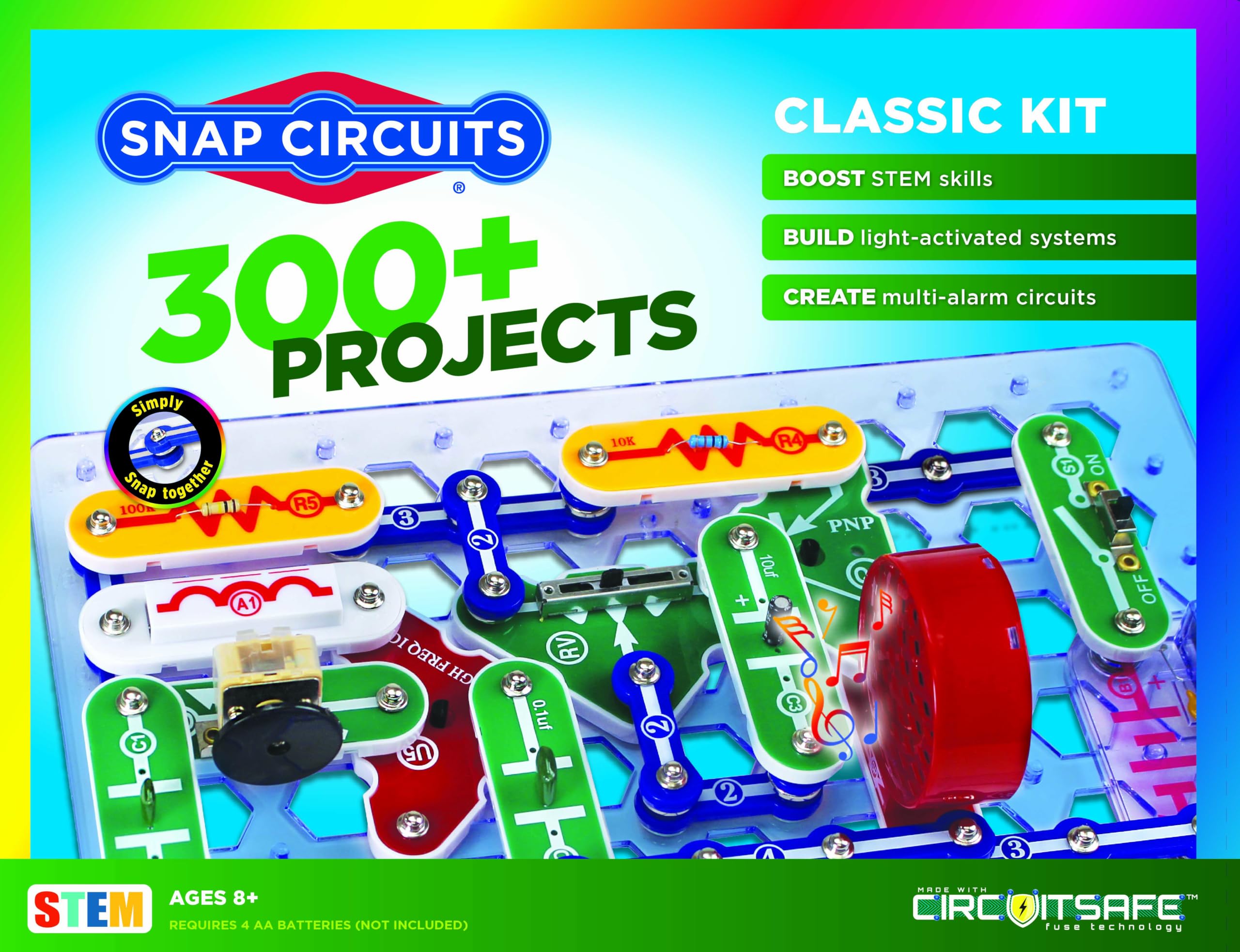 Snap Circuits front packaging showing kit details and age range, inspires STEM play
