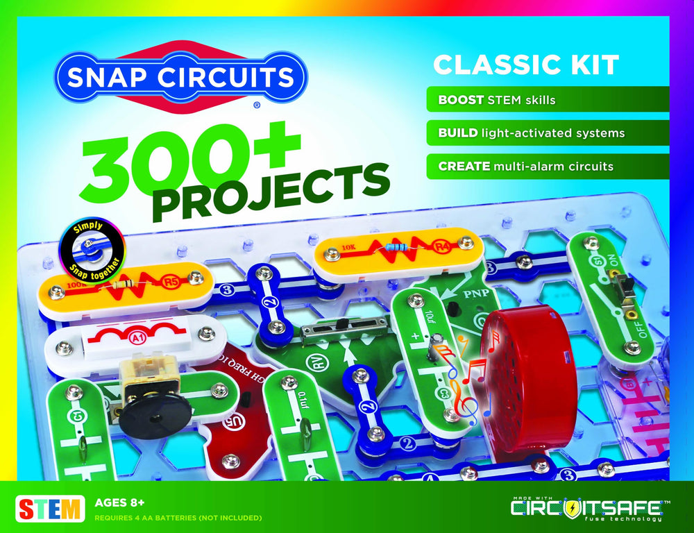 Snap Circuits front packaging showing kit details and age range, inspires STEM play