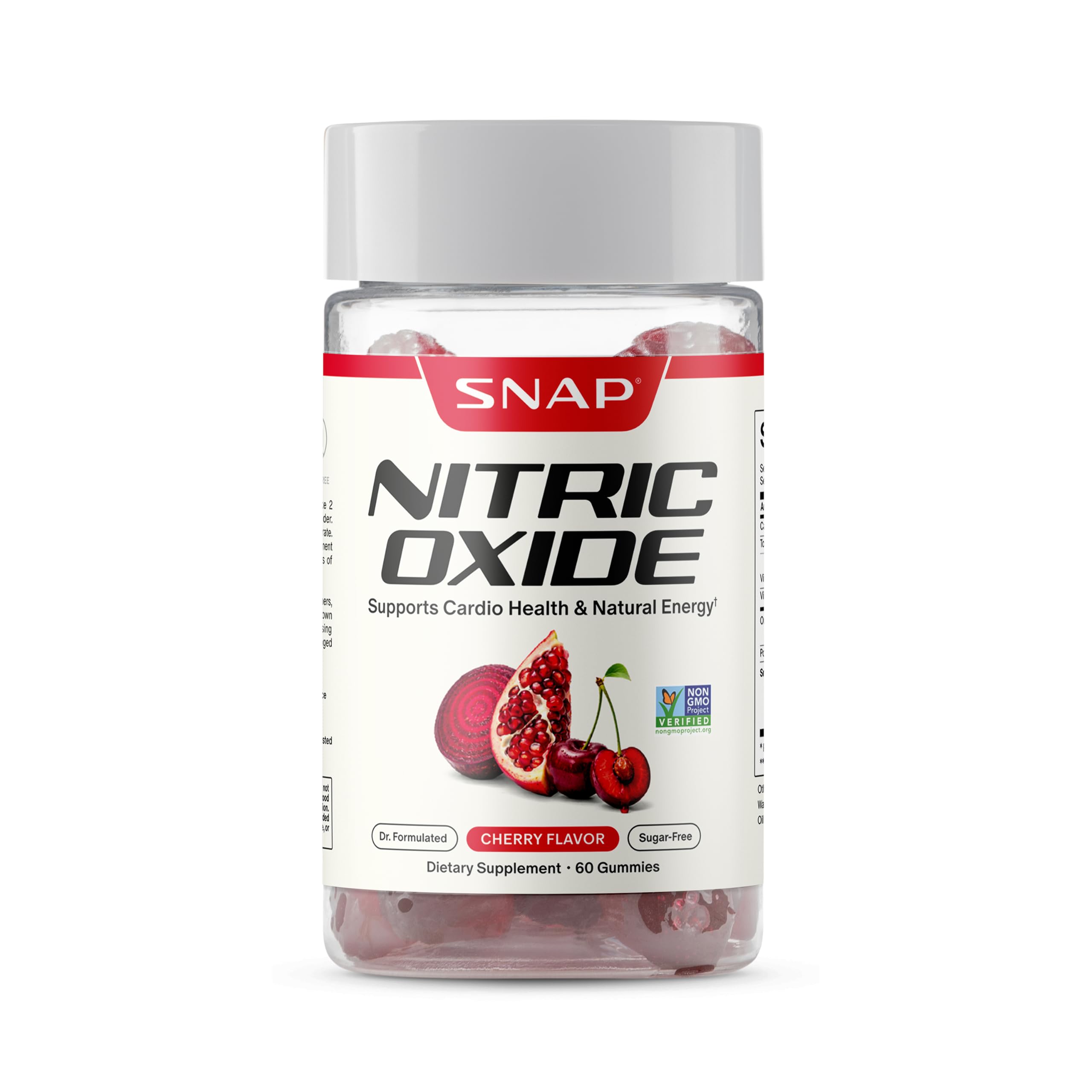 Snap Supplements front packaging showing cherry beet root gummies and benefits