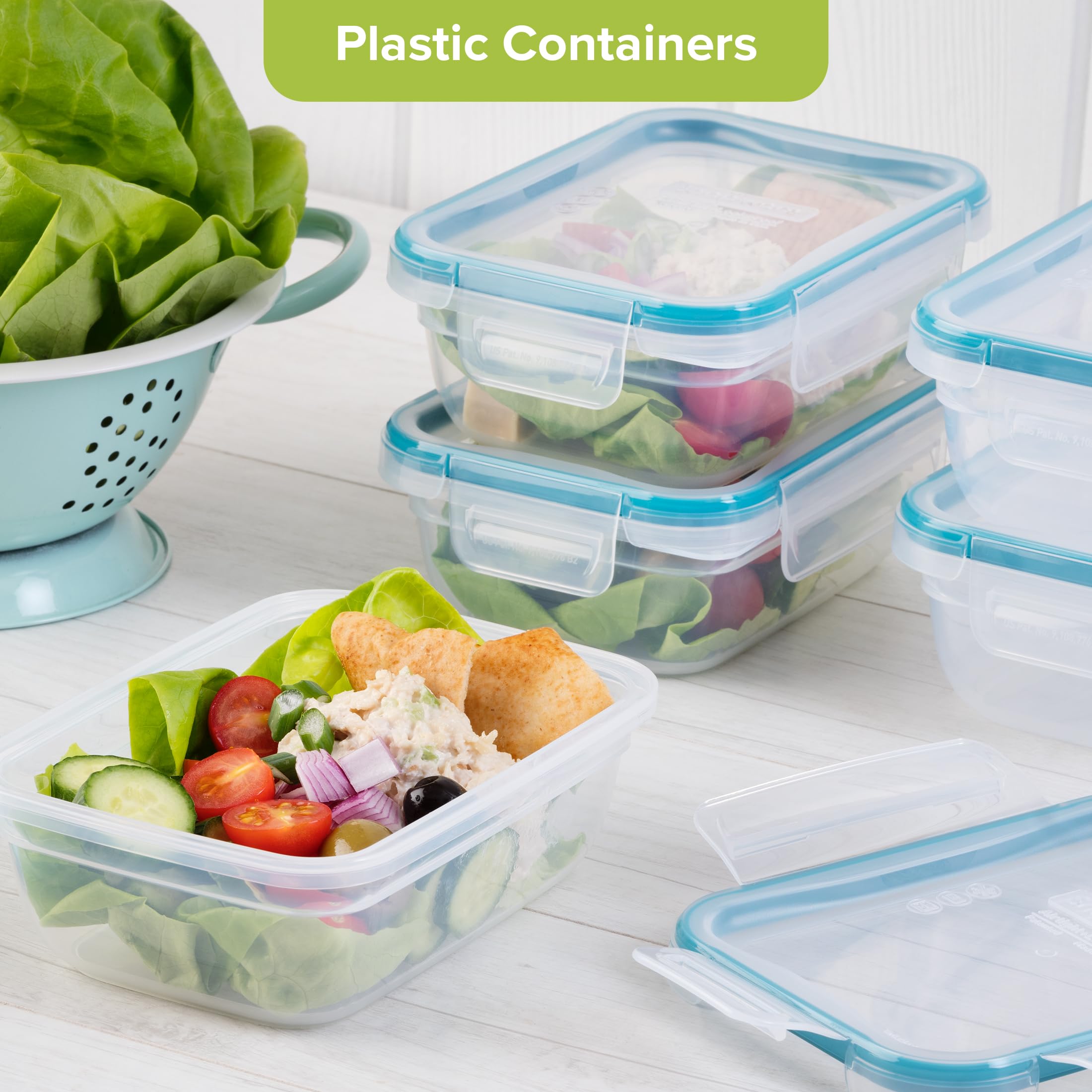 Snapware close-up of four-tab locking lid showing airtight seal and leak protection