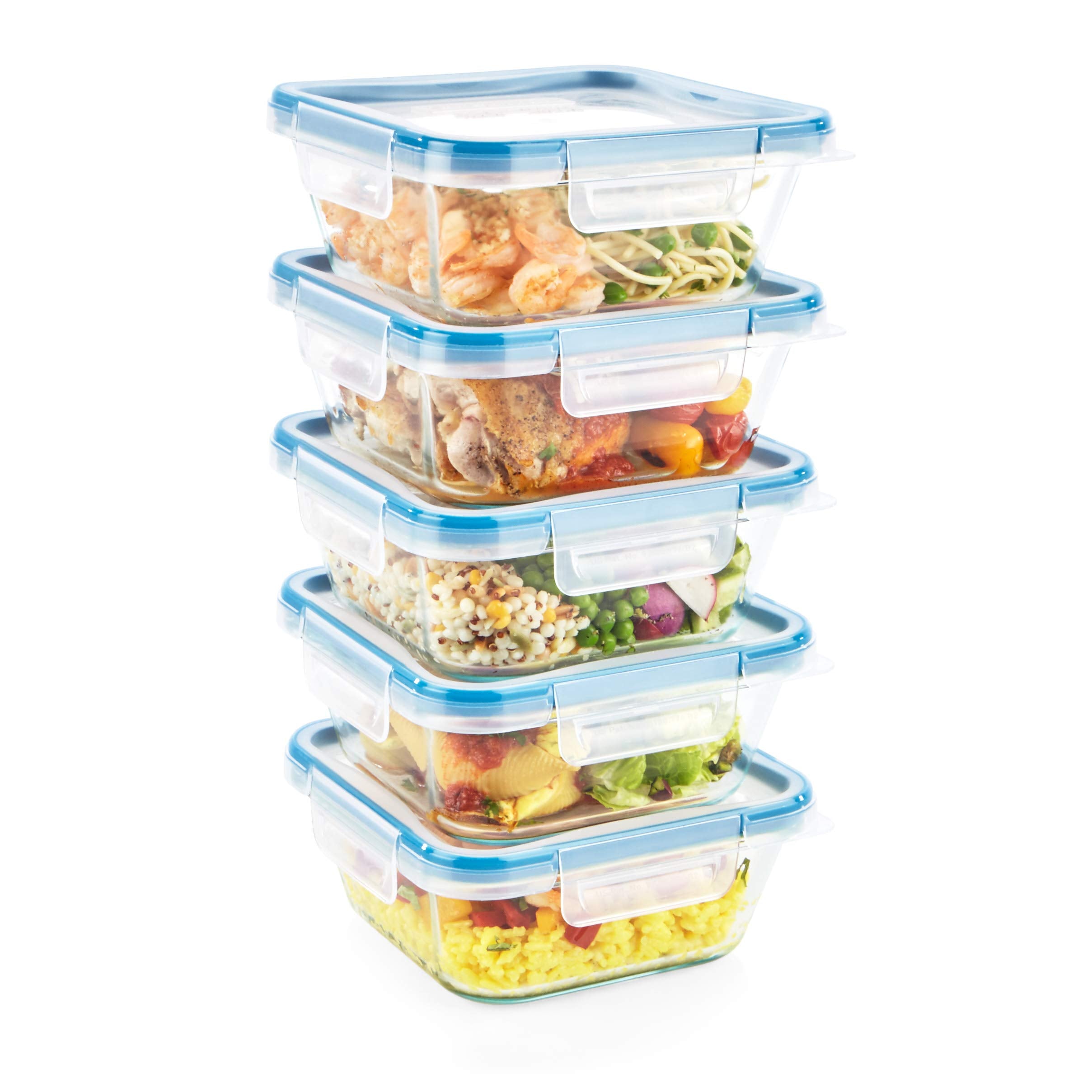 Snapware front view of five 4-cup glass containers showing airtight benefit