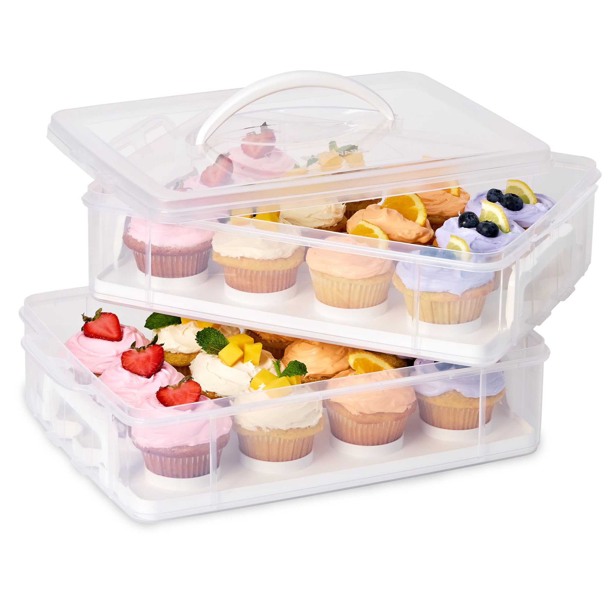 Snapware front view of detachable cupcake carrier showing stacked tiers and secure lid for safe transport