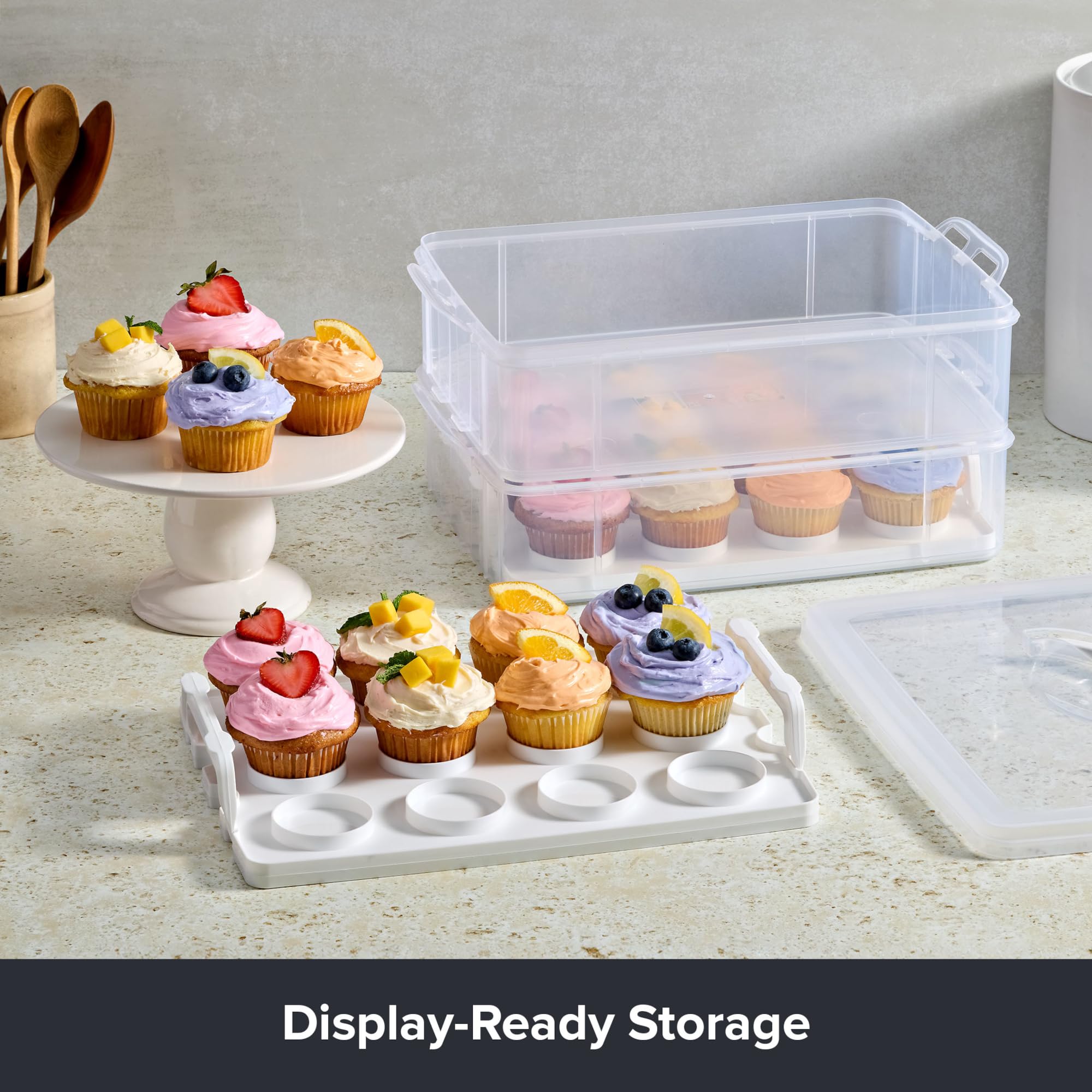 Snapware carrier size comparison held in hand showing portability and capacity for 24 cupcakes