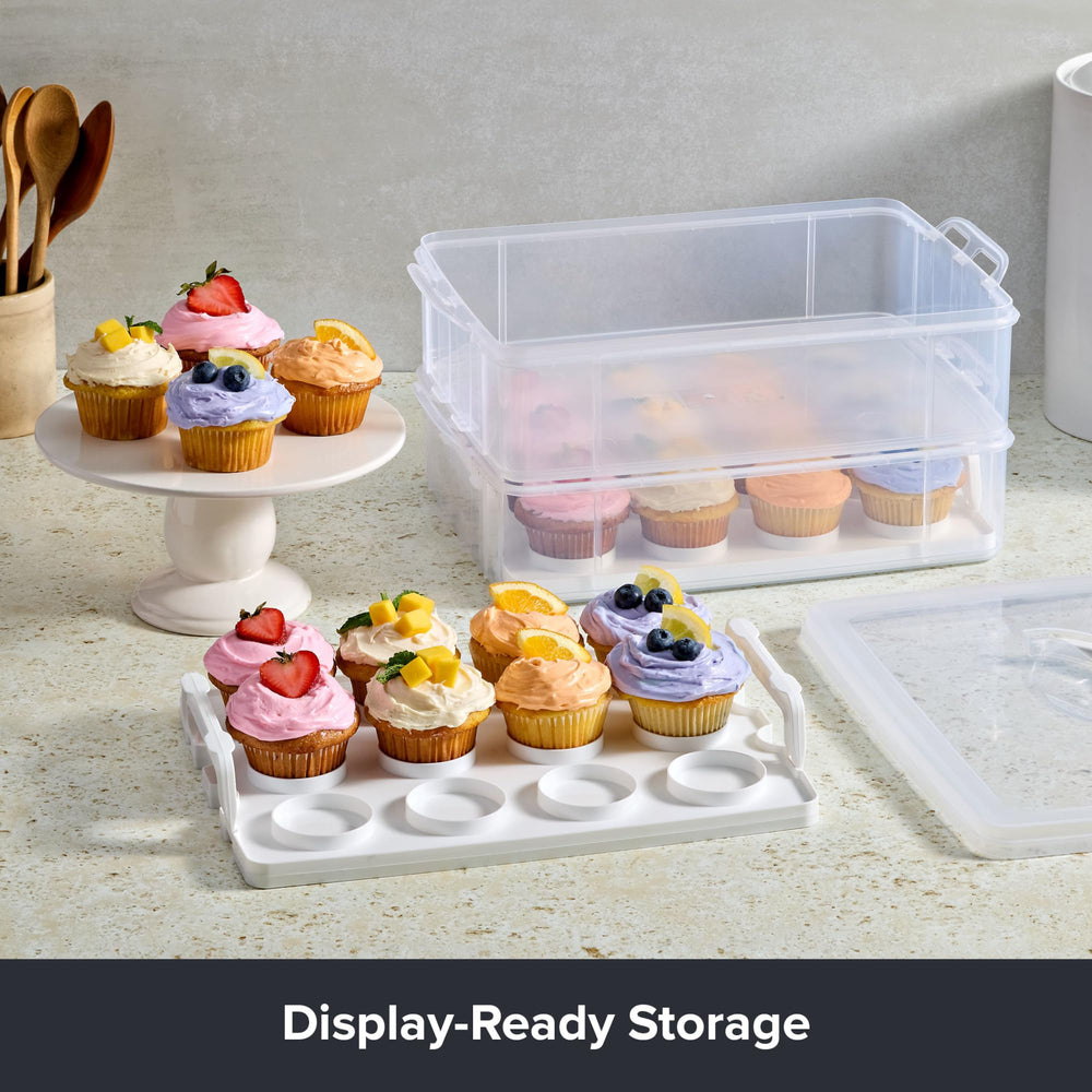 Snapware carrier size comparison held in hand showing portability and capacity for 24 cupcakes