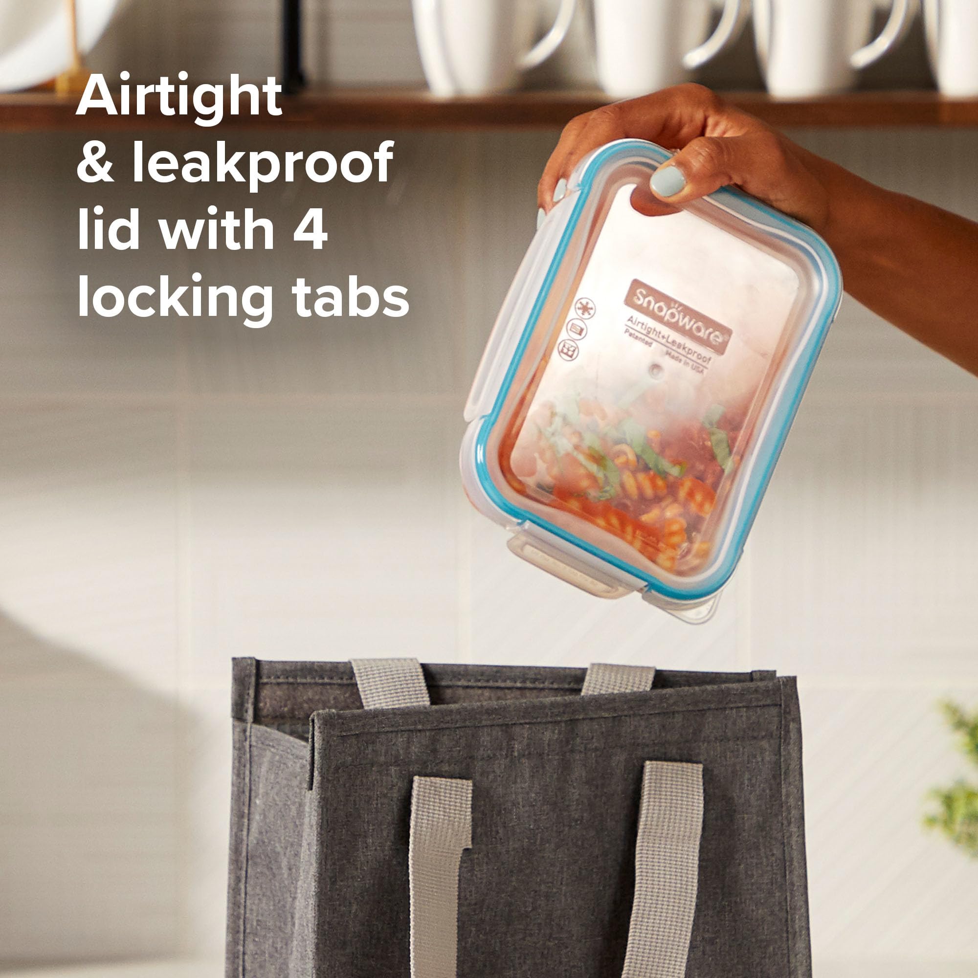 Snapware stacked containers in cabinet highlighting compact organization benefit