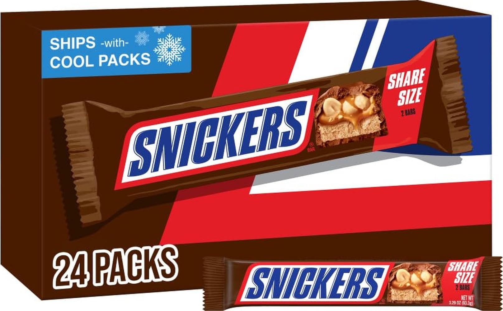 Snickers front packaging showing bulk box and benefit of easy distribution
