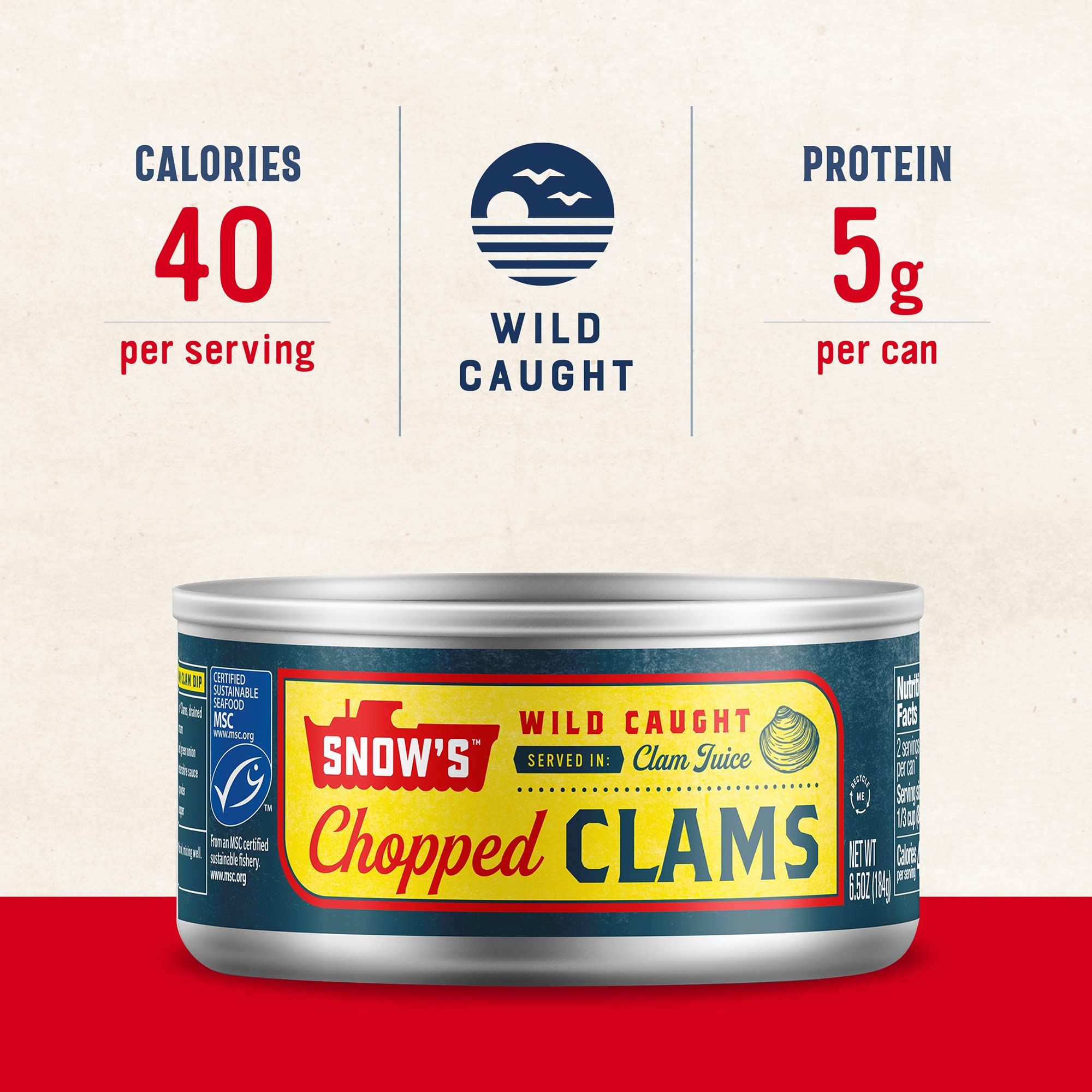 Snow's open can with clams and juice displaying ready-to-use convenience