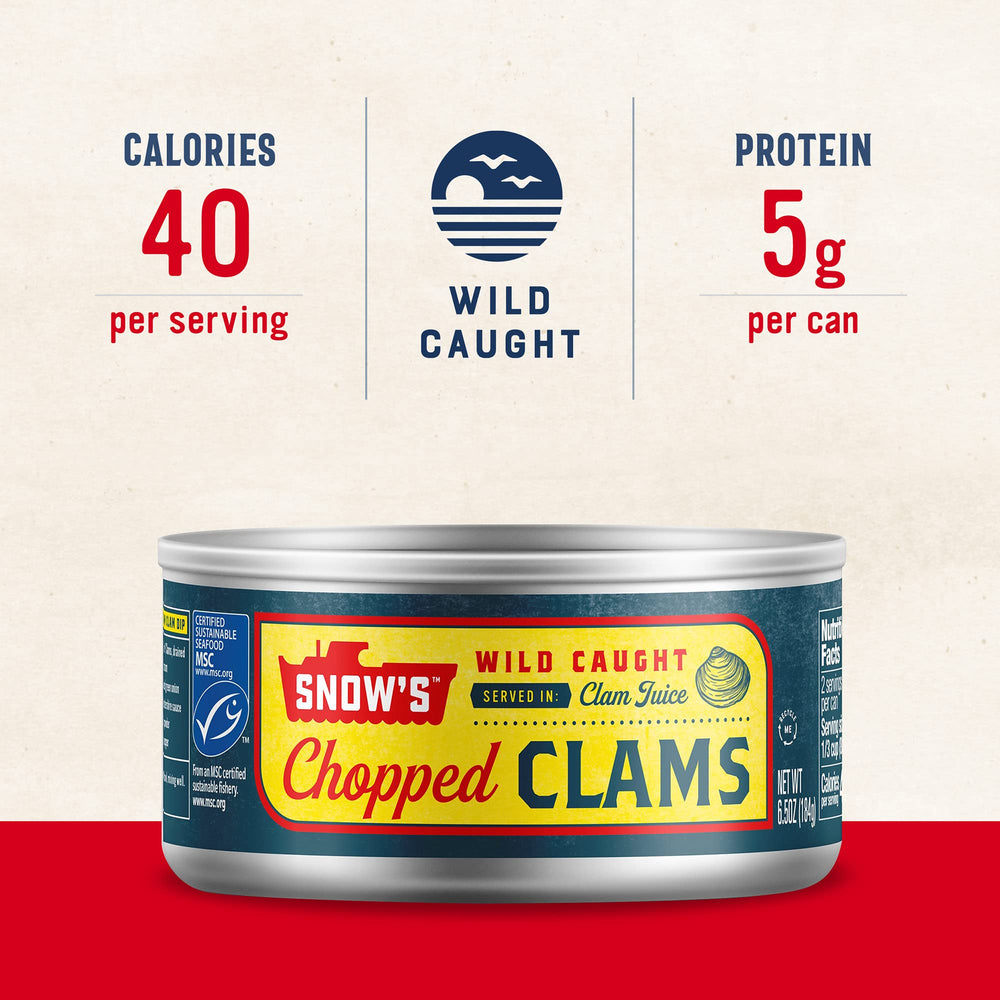 Snow's open can with clams and juice displaying ready-to-use convenience
