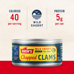 Snow's open can with clams and juice displaying ready-to-use convenience