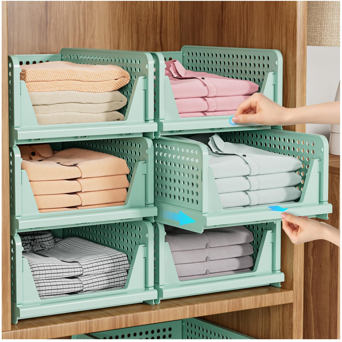 SNSLXH front view of five green organizer bins showing stackable benefit