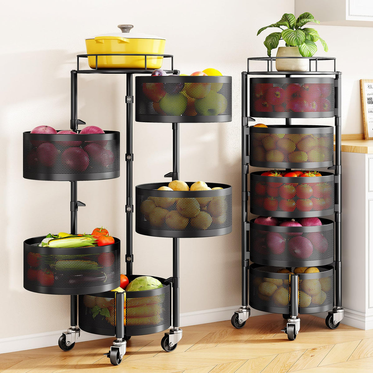 SNTD front view of assembled basket rack showing space-saving benefit