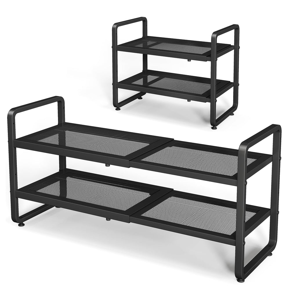 SNTD front view of 2-tier black metal shoe rack showing clean organization benefit