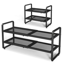 SNTD front view of 2-tier black metal shoe rack showing clean organization benefit