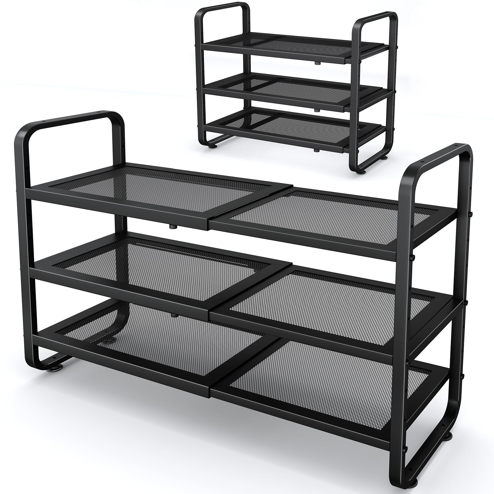 SNTD front view assembled showing compact black three-tier rack benefit organized storage