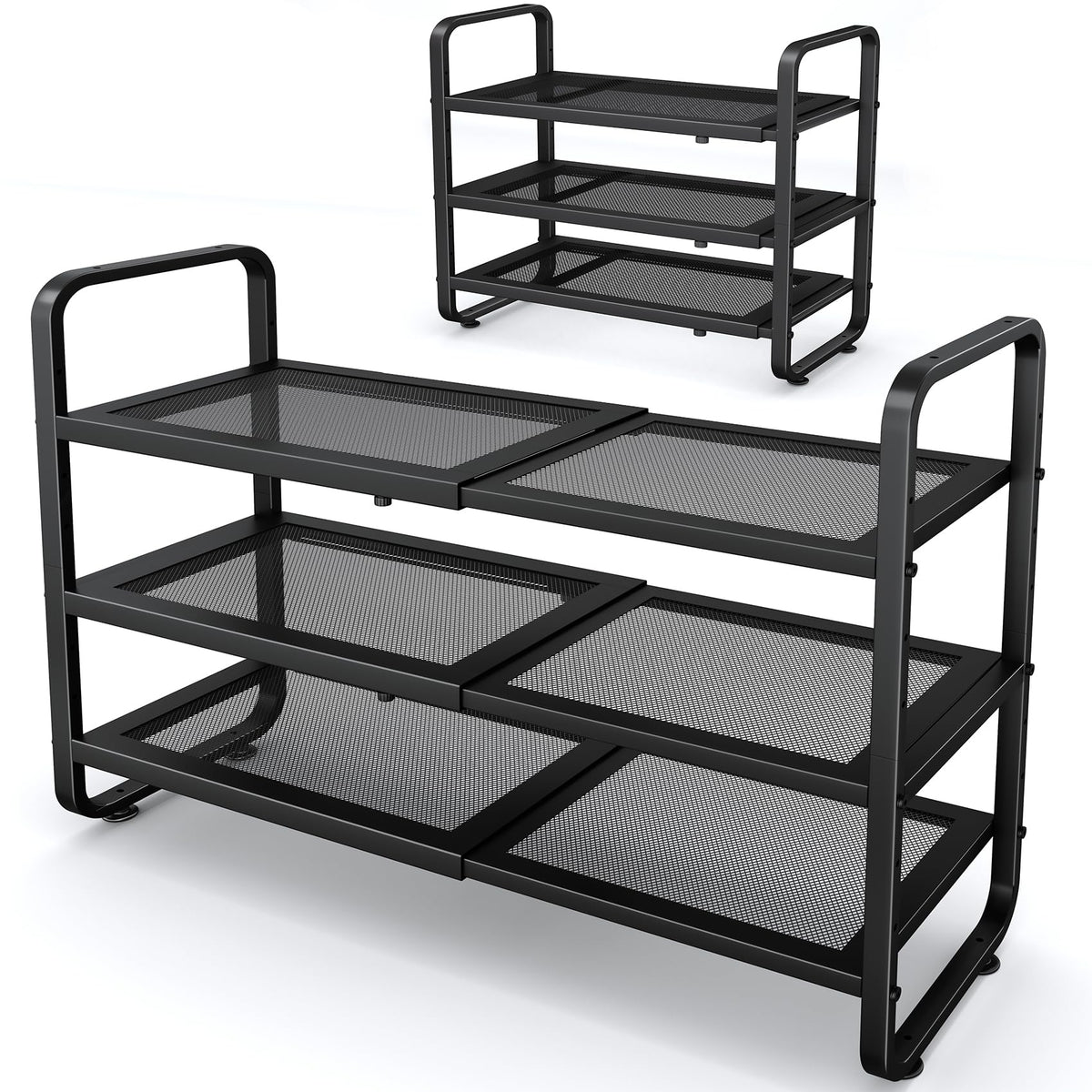 SNTD front view assembled showing compact black three-tier rack benefit organized storage