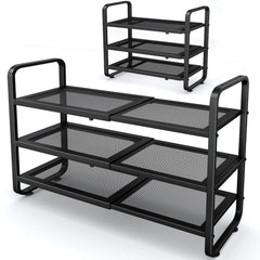 SNTD front view assembled showing compact black three-tier rack benefit organized storage
