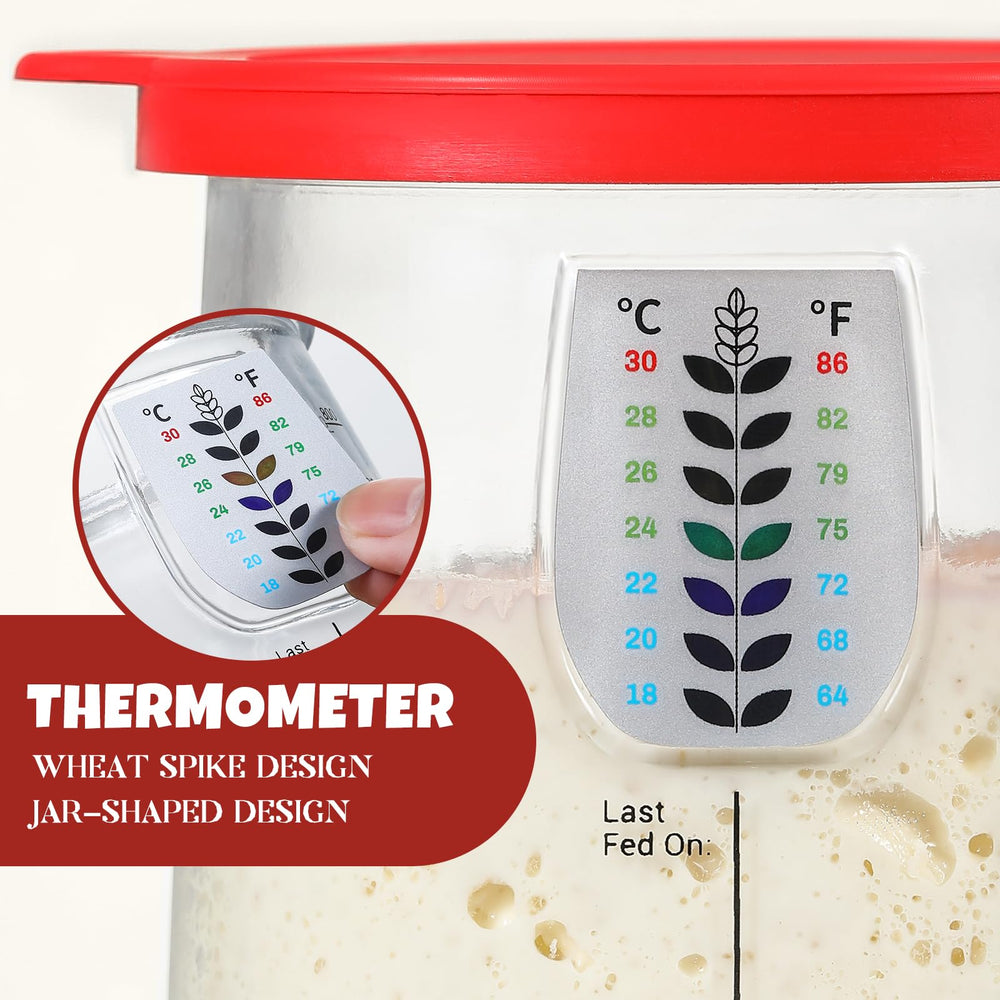 Snuvid feeding band and thermometer strip on jar for easy fermentation tracking