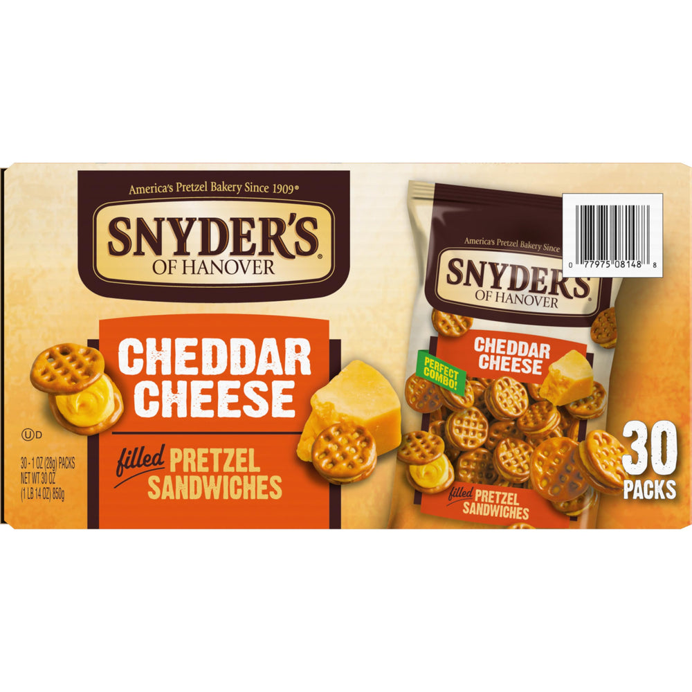 Snyder's of Hanover pretzel sandwich held in hand showing portable on-the-go snack