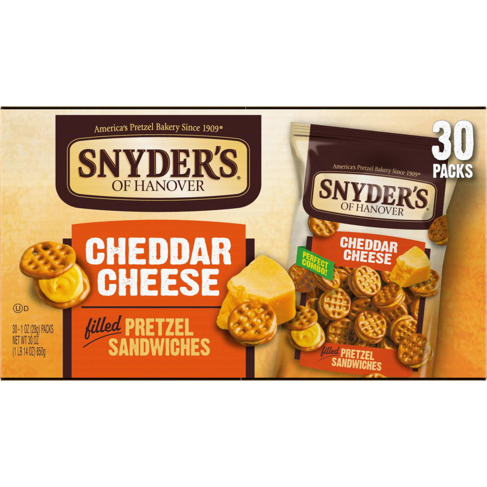 Snyder's of Hanover single-serve pack next to lunchbox demonstrating portion size