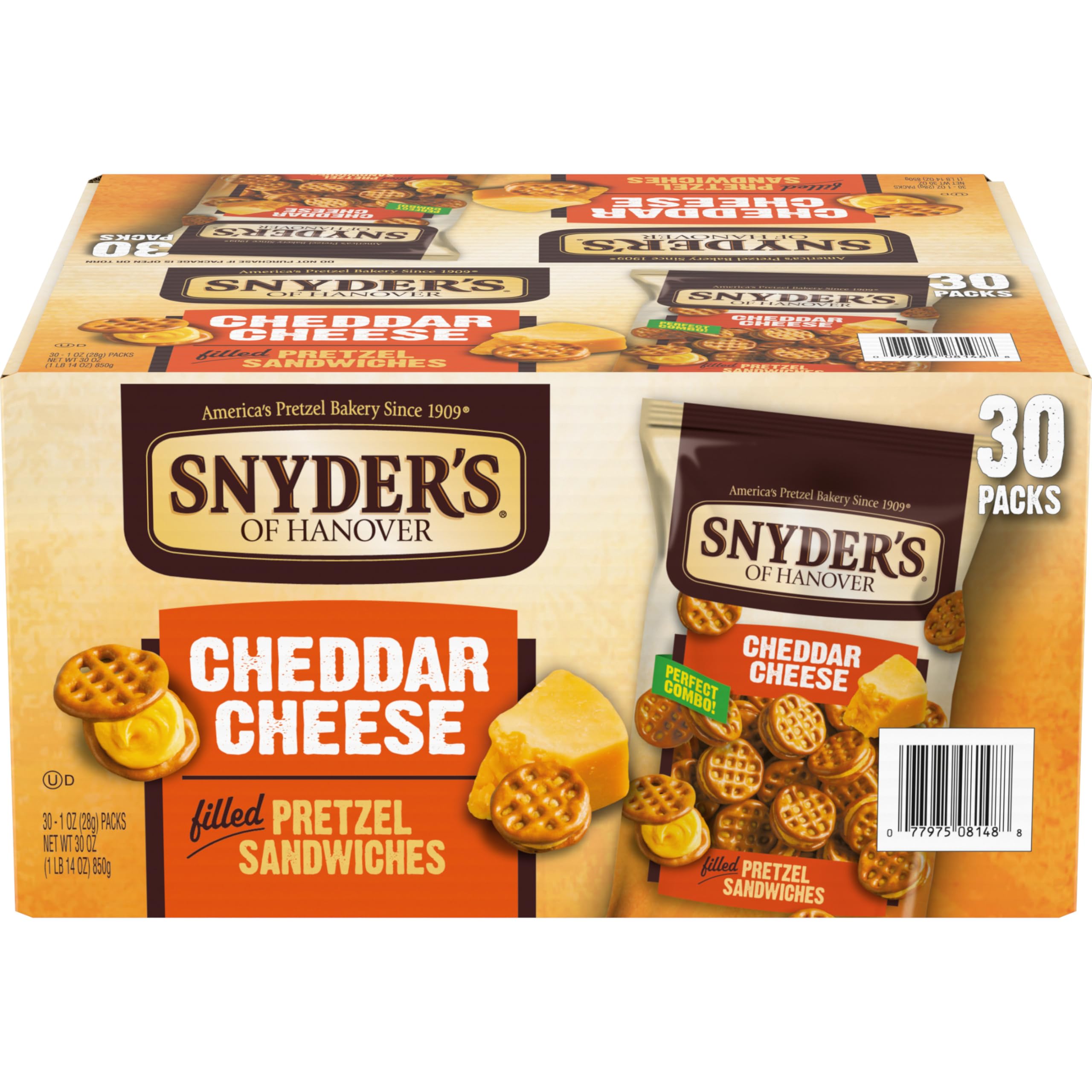 Snyder's of Hanover front box showing 30-count cheddar snack packs and convenience