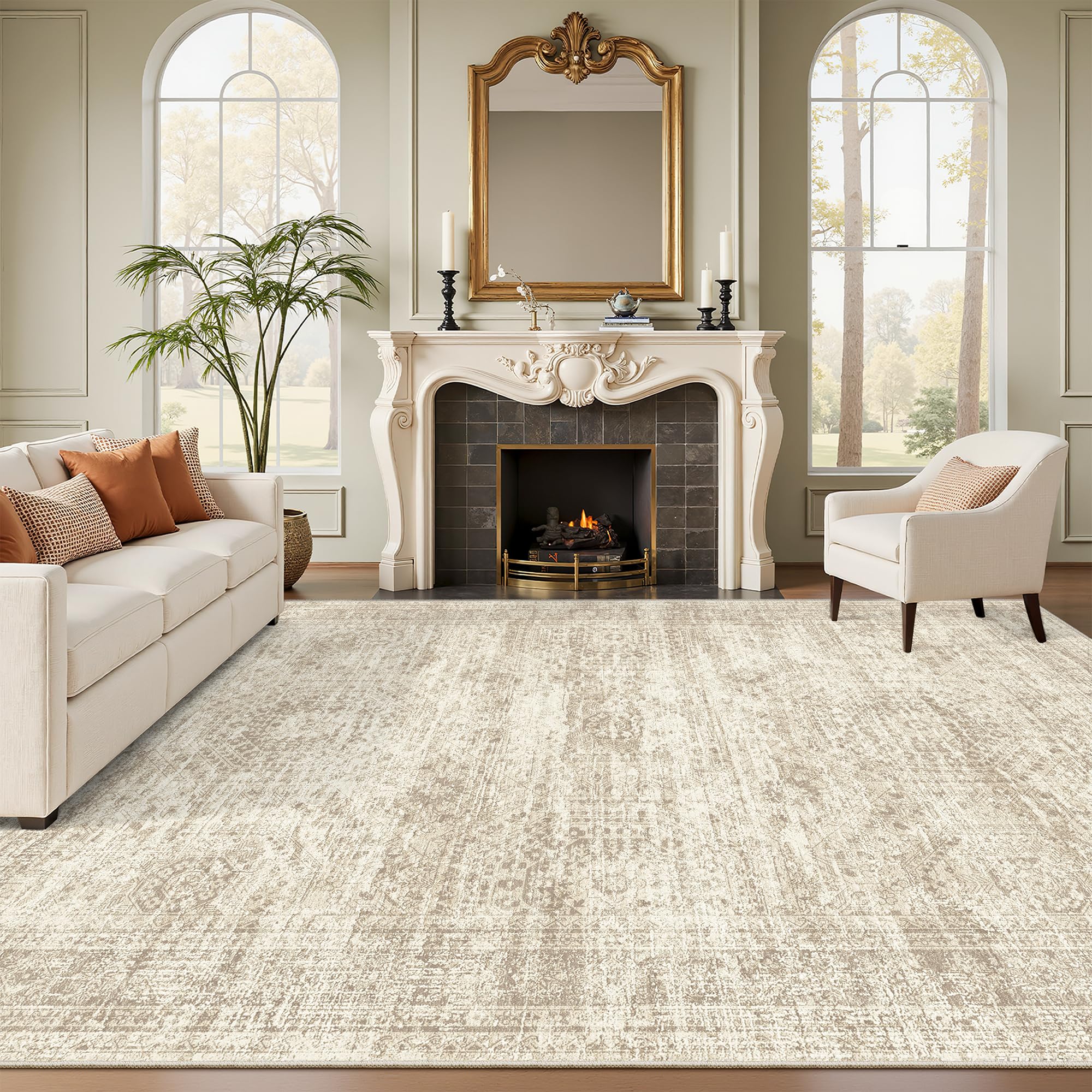Soalmost front view of 8x10 beige rug shows calming tones and balance