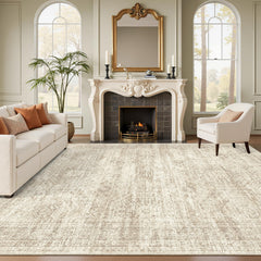 Soalmost front view of 8x10 beige rug shows calming tones and balance