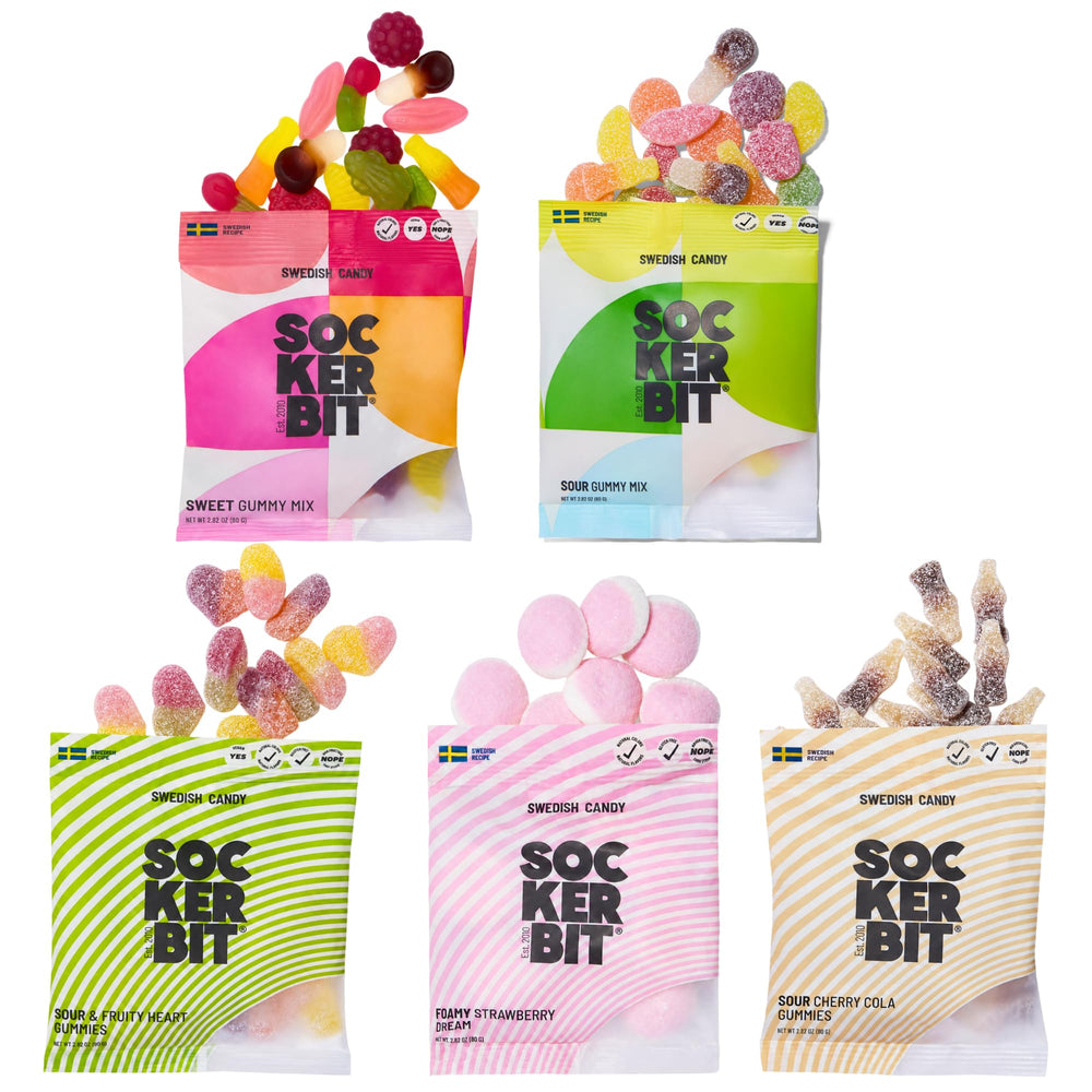 Sockerbit front packaging showing five individual candy bags and variety