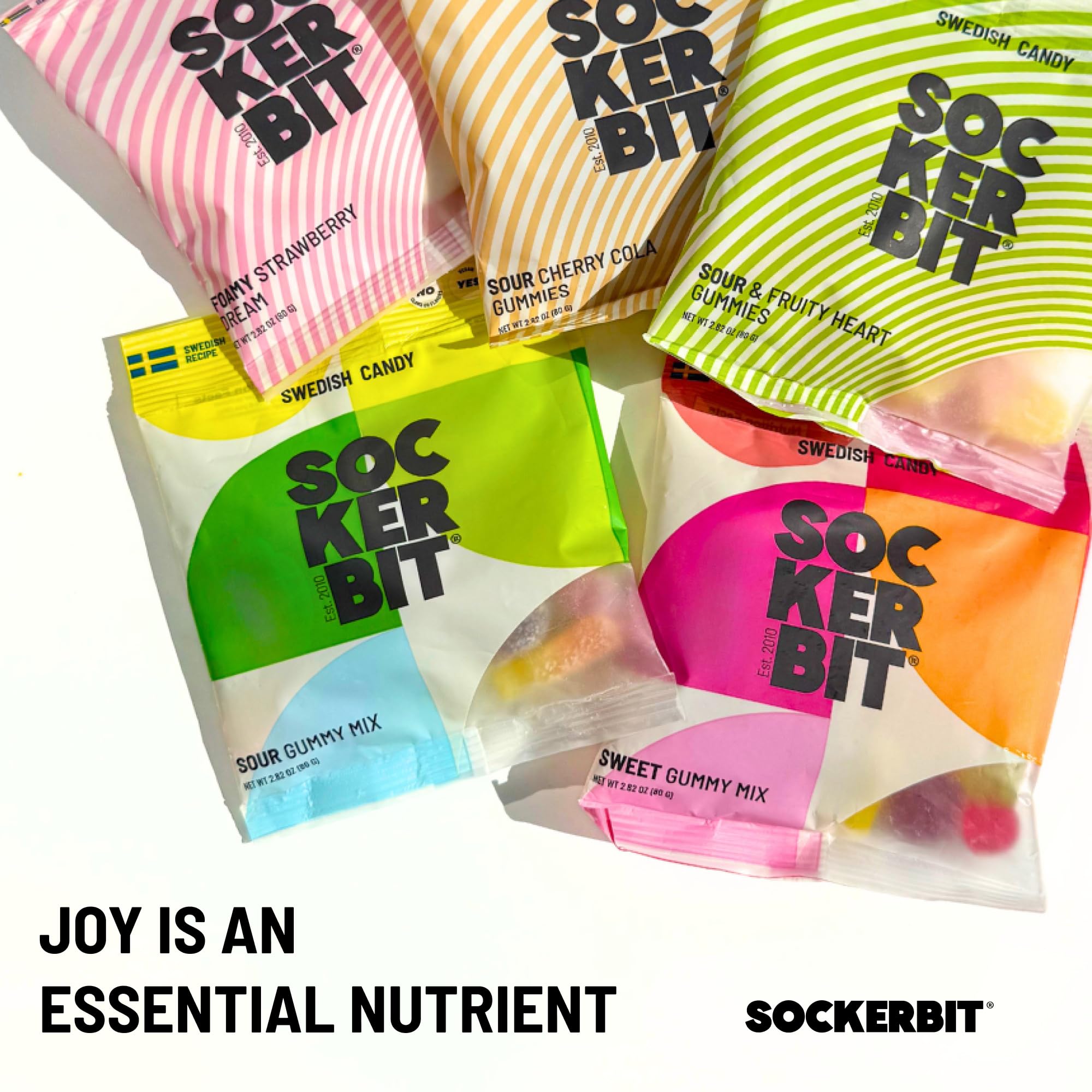 Sockerbit sweet gummy mix scattered to show colorful shapes and chewy bite