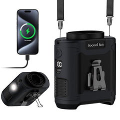 Socool fan front view showing clip-on wearable design and hands-free cooling benefit