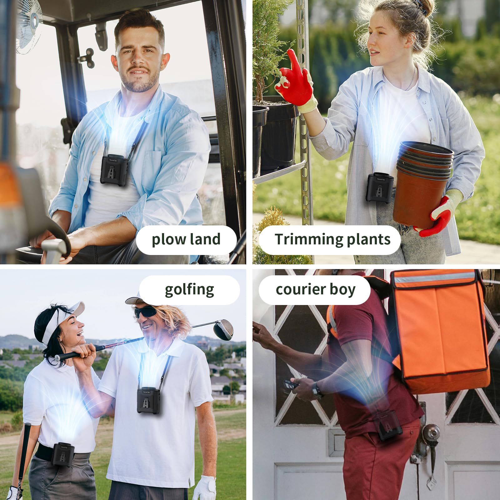 Socool fan clipped to belt during camping showing rugged outdoor cooling benefit
